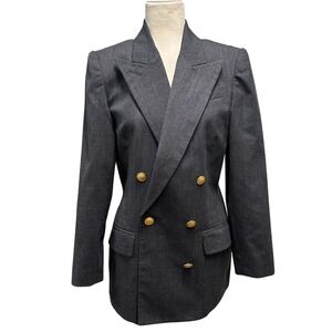Vtg Womens Sz 4 Wool Double Breasted Blazer Gold Buttons Charcoal Gray Old Money
